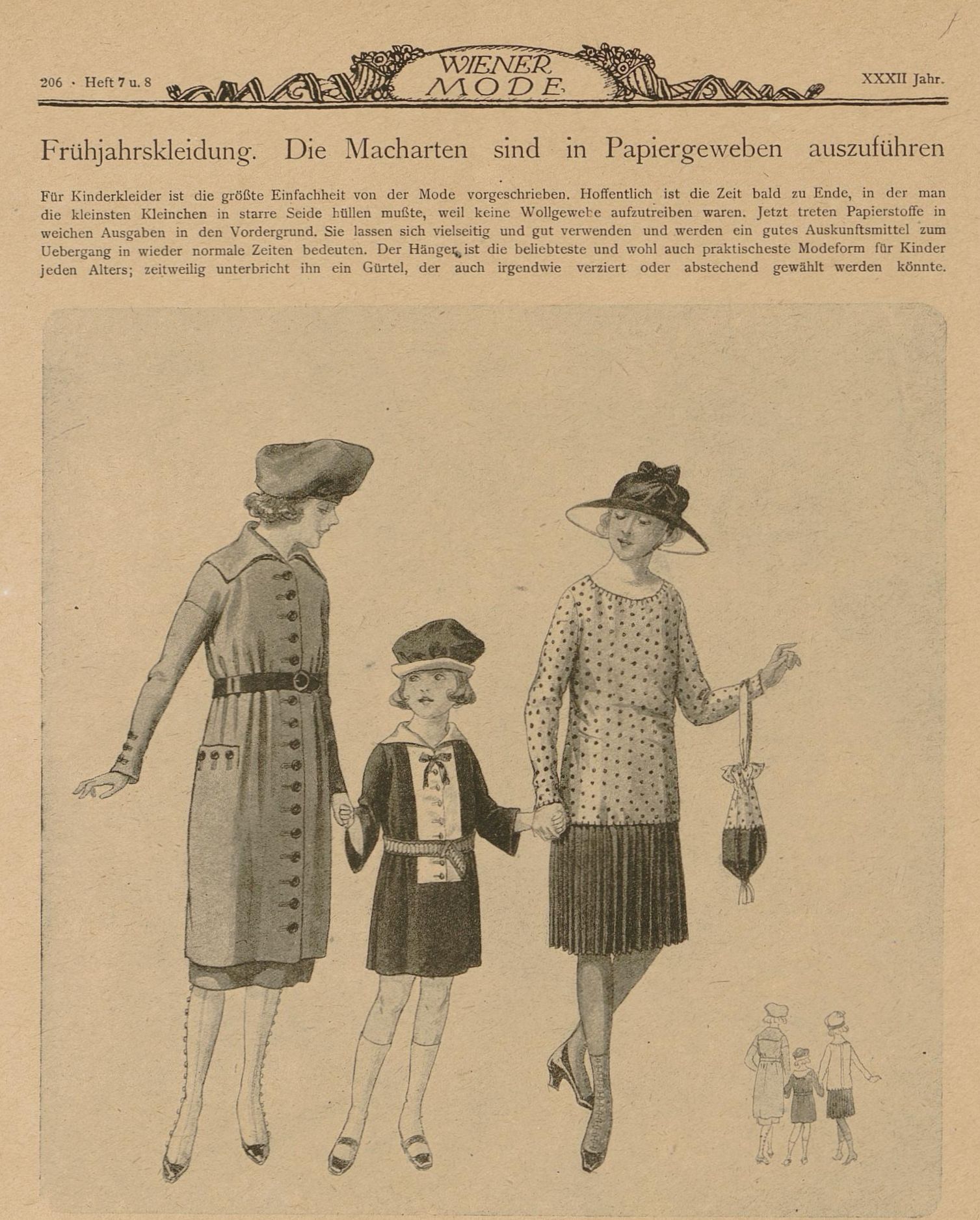 Eine Zeitschrift (1918) zeigt eine Zeichnung mit Mode für Frauen und Mädchen. Die Überschrift sagt "Die Macharten sind in Papiergewebe auszuführen"