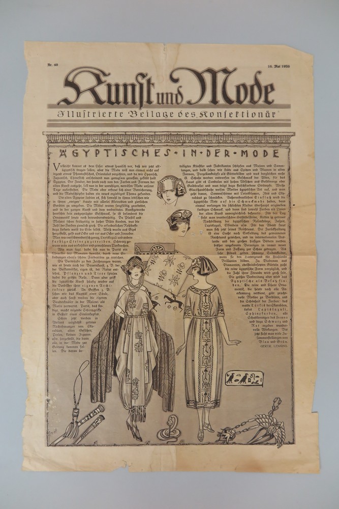 Eine Seite der Zeitschrift "Kunst und Mode" aus dem Jahr 1920 mit dem Titel "Ägyptisches in der Mode"