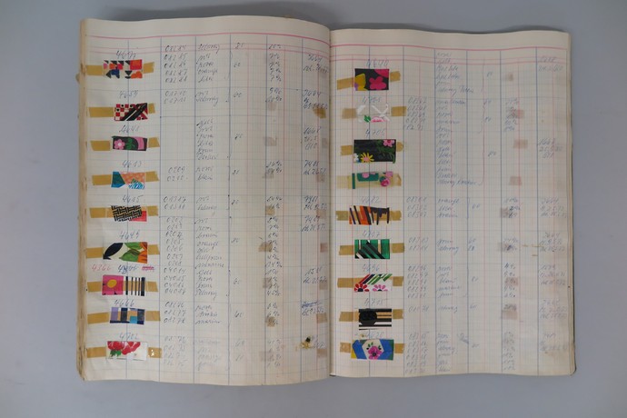 Das Buch zeigt eine große handschriftliche Tabelle, die Daten zu jedem Stoffmuster aufführt