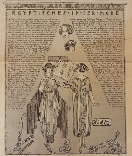 Ausschnitt der Seite in der Zeitschrift "Kunst und Mode" aus dem Jahr 1920 mit dem Titel "Ägyptisches in der Mode"