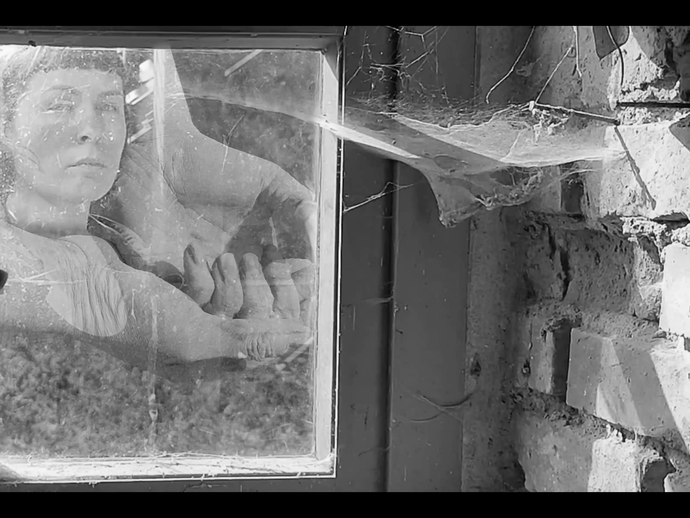 Schwarzweiß-Aufnahme einer Frau hinter einem von Spinnweben verhangenen Fenster Schwarzweiß-Aufnahme einer Frau hinter einem von Spinnweben verhangenen Fenster