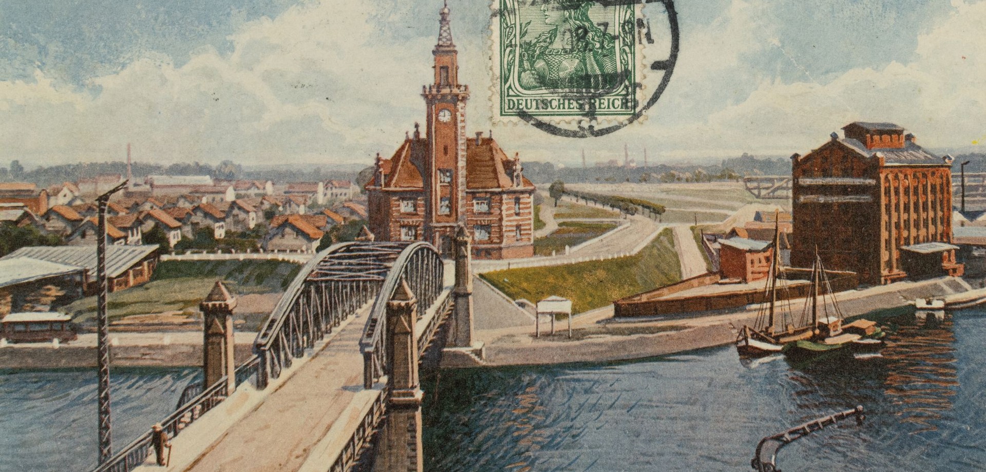 Farbige Ansichtskarte des Dortmunder Hafens aus dem Jahr 1908