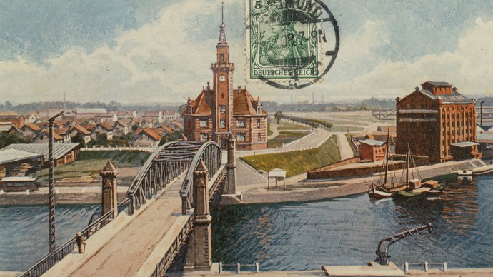 Farbige Postkarte des Dortmunder Hafens aus dem Jahr 1908