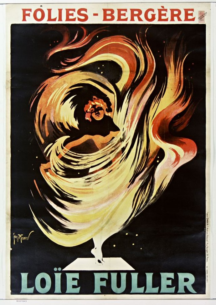 Plakat von George Meunier (1898) zeigt eine in wehenden Stoff gehüllte Tänzerin auf schwarzem Hintergrund