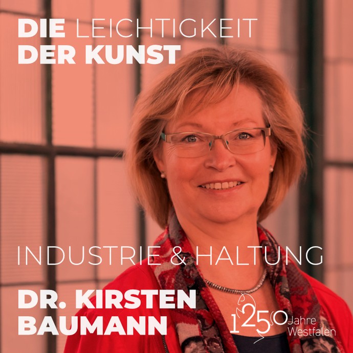 Rot eingefärbtes Portraitfot von Frau Dr. Kirsten Baumann mit der Aufschrift: Die Leichtigkeit der Kunst, Industrie & Haltung