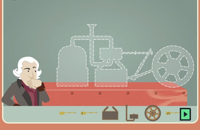 Skizze von einem Dampfmaschinenpuzzle und James Watt aus einem Computerspiel