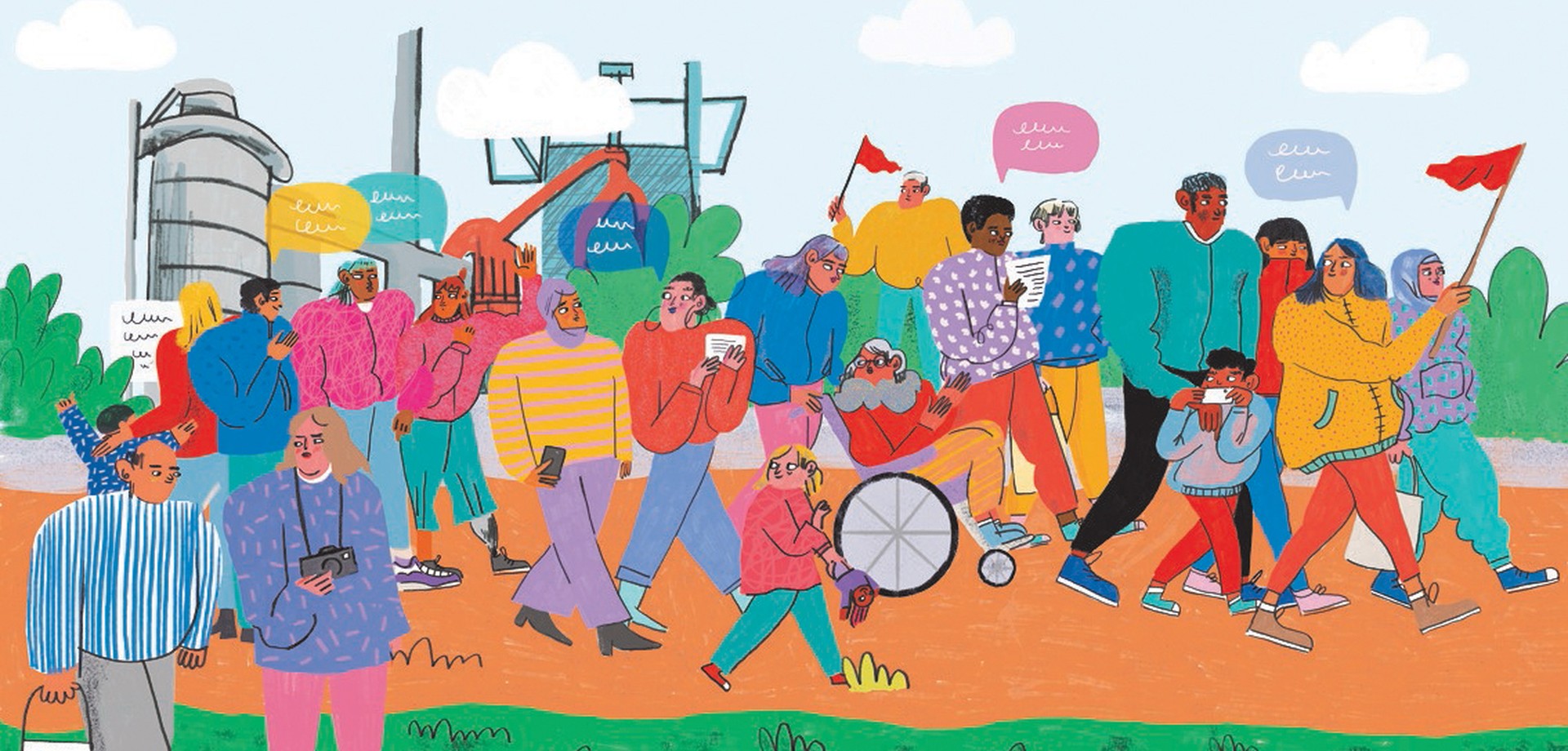 Gruppe von Menschen, die die gesellschaftliche Vielfalt spiegelt. Illustration von Irem Kurt.