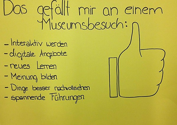Schüler-Plakat mit einem nach oben gerichteten Daumen und der Überschrift "Das gefällt mir an einem Museumsbesuch", darunter 6 Unterpunkte.