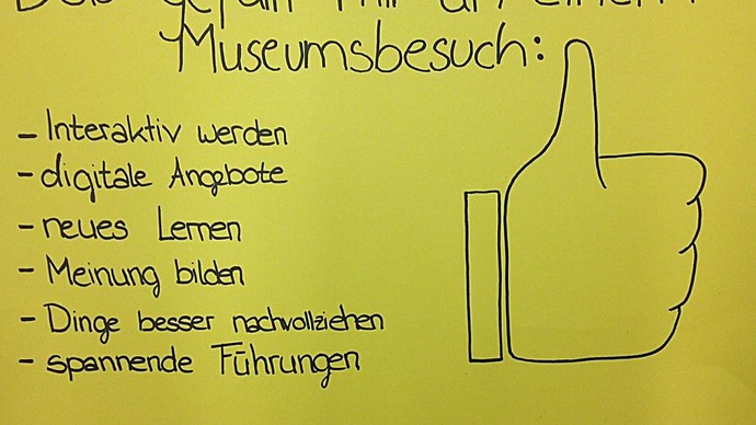 Schüler-Plakat mit der Zeichnung eines erhobenen Daumens sowie der Überschrift "Was mir an einem Museums gefällt" mit 6 Unterpunkten.