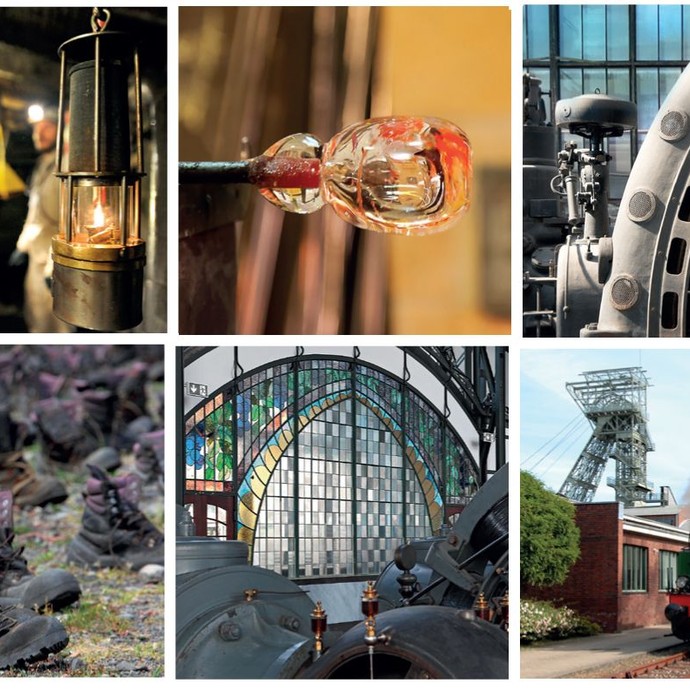 6 quadratische Fotos aus den Standorten des Indsutriemuseums: Stollenführung, Glasbläser, Maschinenhalle, Kunstinstallation, Jugendstilportal, Lok